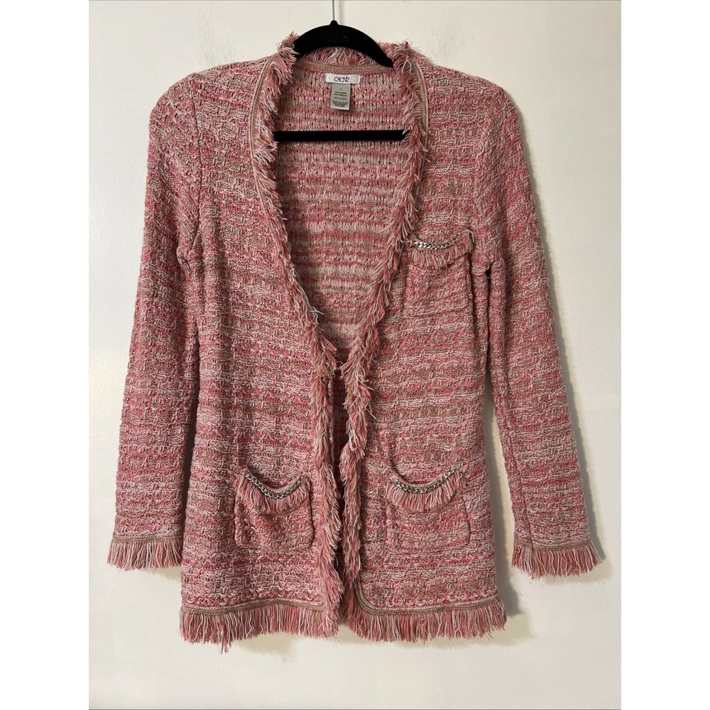 Cache Womens Open Cardigan Twill Pink Tan Pockets Fringe Knit Sz Small Y2K Boho